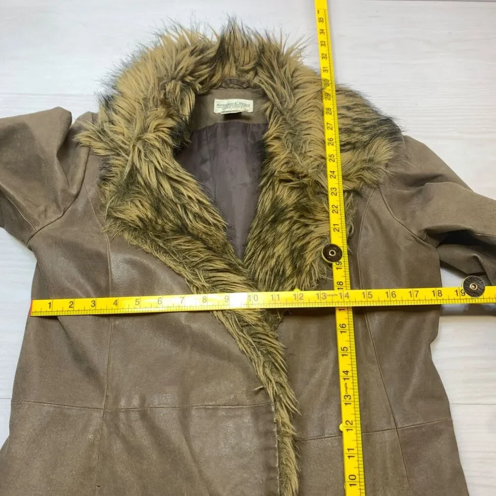 Vintage Newport News Leather Coat Womens M Brown Faux Fur Trim Y2K Boho - Picture 14 of 14